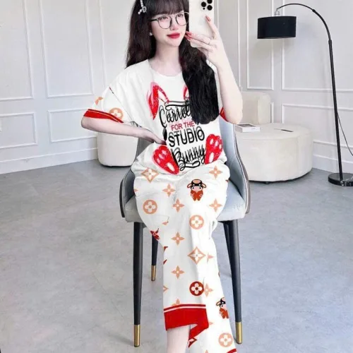 Đồ bộ quần dài áo tay ngắn cổ tròn in hình