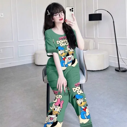 Đồ bộ quần dài áo tay ngắn cổ tròn in hình