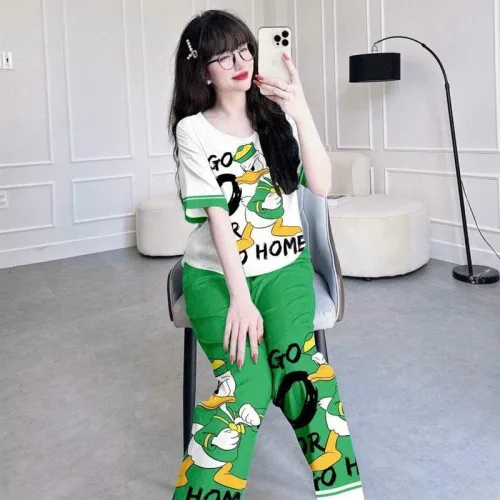 Đồ bộ quần dài áo tay ngắn cổ tròn in hình