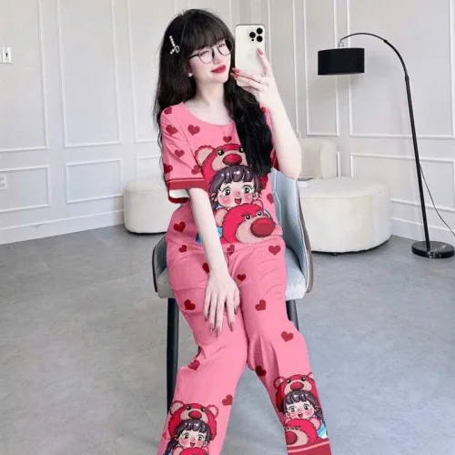 Đồ bộ quần dài áo tay ngắn cổ tròn in hình
