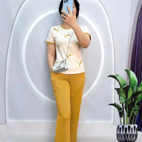 Đồ bộ quần dài áo tay ngắn cổ tròn in hình