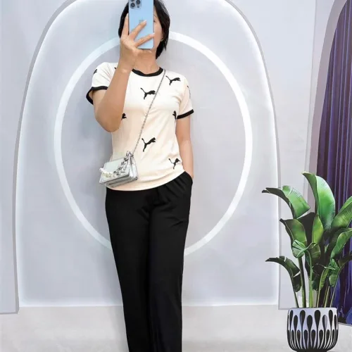 Đồ bộ quần dài áo tay ngắn cổ tròn in hình