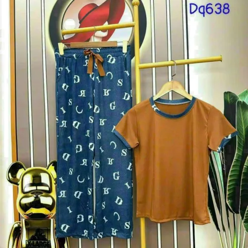 Đồ bộ quần dài áo tay ngắn cổ tròn màu trơn