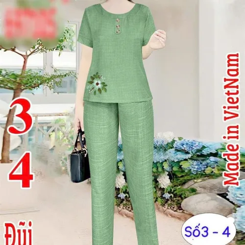 Đồ bộ quần dài áo tay ngắn cổ tròn màu trơn