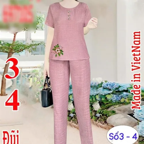 Đồ bộ quần dài áo tay ngắn cổ tròn màu trơn