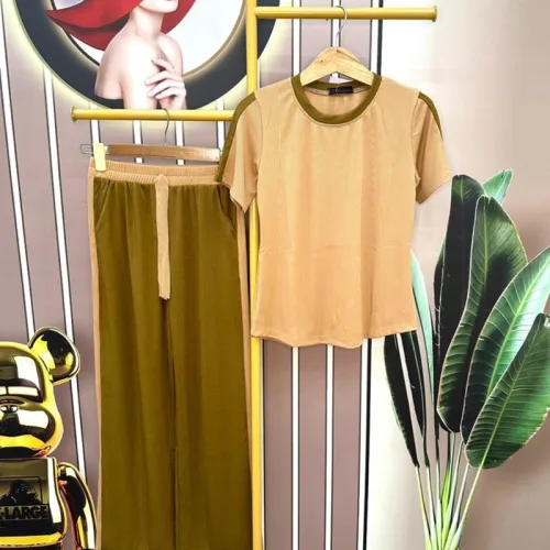 Đồ bộ quần dài áo tay ngắn cổ tròn màu trơn