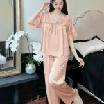 Đồ bộ quần dài áo tay ngắn cổ v màu trơn