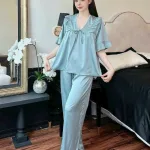 Đồ bộ quần dài áo tay ngắn cổ v màu trơn