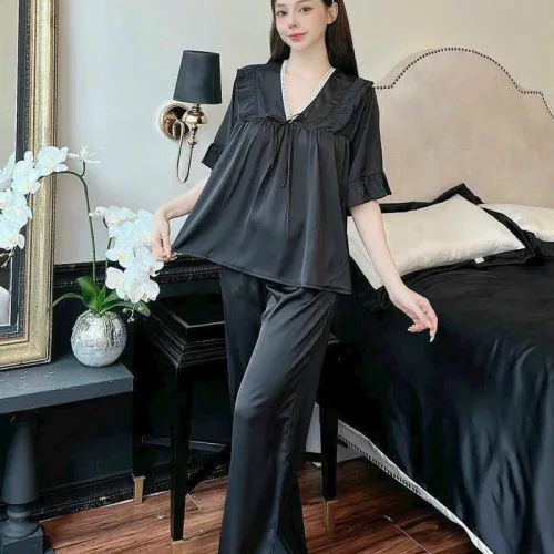 Đồ bộ quần dài áo tay ngắn cổ v màu trơn