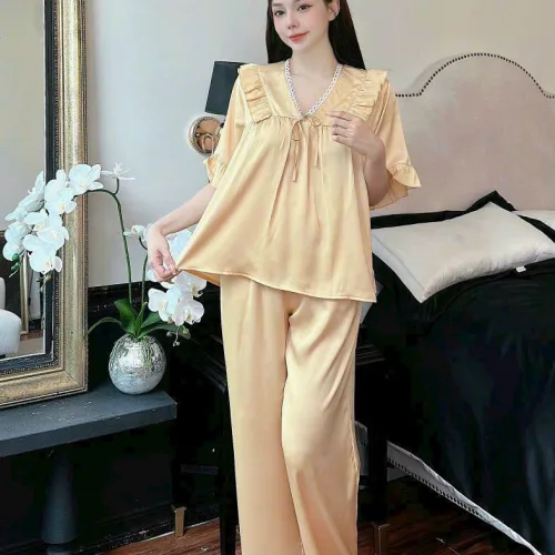 Đồ bộ quần dài áo tay ngắn cổ v màu trơn