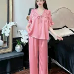 Đồ bộ quần dài áo tay ngắn cổ v màu trơn