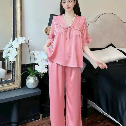 Đồ bộ quần dài áo tay ngắn cổ v màu trơn