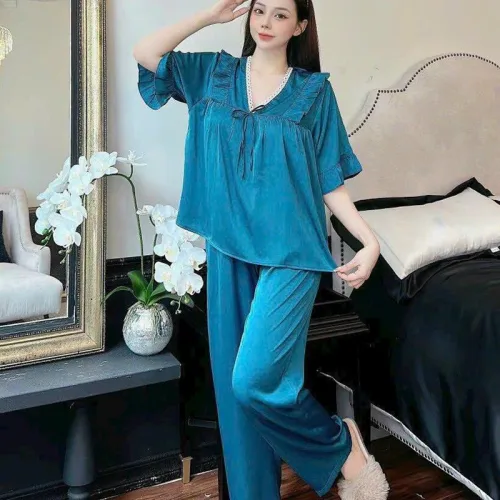 Đồ bộ quần dài áo tay ngắn cổ v màu trơn