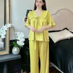 Đồ bộ quần dài áo tay ngắn cổ v màu trơn