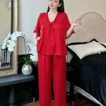 Đồ bộ quần dài áo tay ngắn cổ v màu trơn