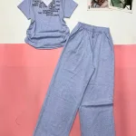 đồ bộ quần dài áo tay ngắn cổ V vải tiêu lông