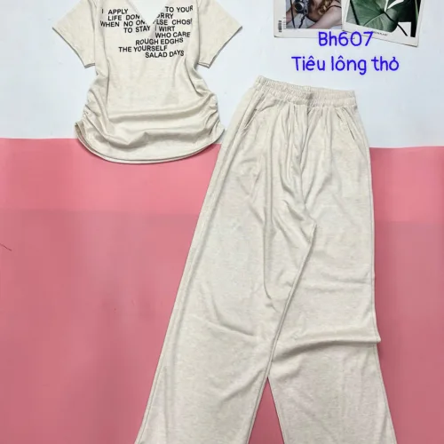 đồ bộ quần dài áo tay ngắn cổ V vải tiêu lông