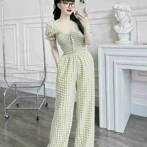 Đồ bộ quần dài áo tay ngắn cổ vuông caro