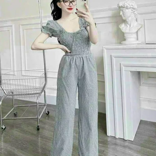 Đồ bộ quần dài áo tay ngắn cổ vuông caro