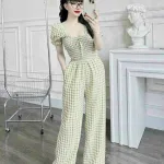 Đồ bộ quần dài áo tay ngắn cổ vuông caro