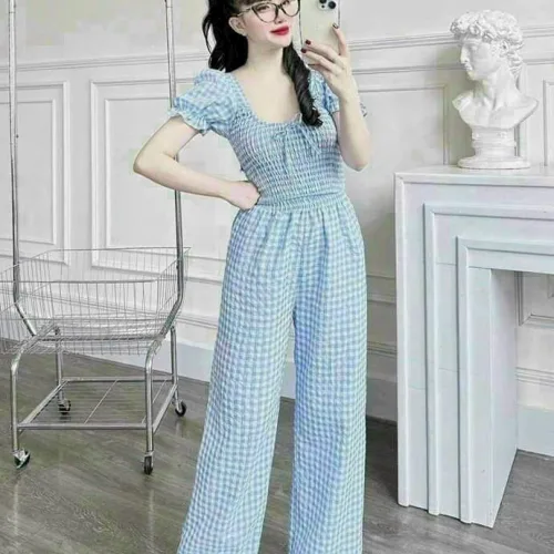 Đồ bộ quần dài áo tay ngắn cổ vuông caro