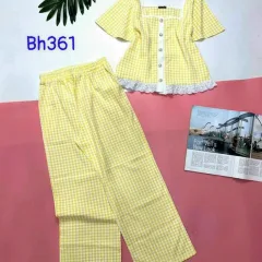 Đồ bộ quần dài áo tay ngắn cổ vuông caro phối nút