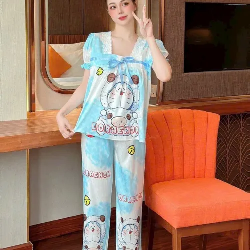 Đồ bộ quần dài áo tay ngắn cổ vuông hoạ tiết