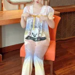 Đồ bộ quần dài áo tay ngắn cổ vuông hoạ tiết