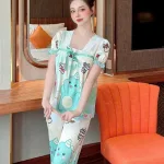 Đồ bộ quần dài áo tay ngắn cổ vuông hoạ tiết