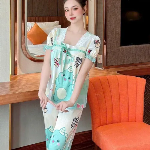 Đồ bộ quần dài áo tay ngắn cổ vuông hoạ tiết
