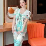 Đồ bộ quần dài áo tay ngắn cổ vuông hoạ tiết