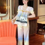 Đồ bộ quần dài áo tay ngắn cổ vuông hoạ tiết