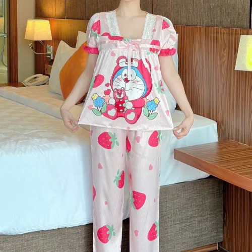 Đồ bộ quần dài áo tay ngắn cổ vuông hoạ tiết