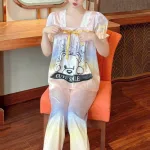 Đồ bộ quần dài áo tay ngắn cổ vuông phối ren hoạ tiết