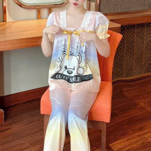 Đồ bộ quần dài áo tay ngắn cổ vuông phối ren hoạ tiết