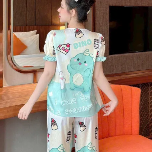 Đồ bộ quần dài áo tay ngắn cổ vuông phối ren hoạ tiết