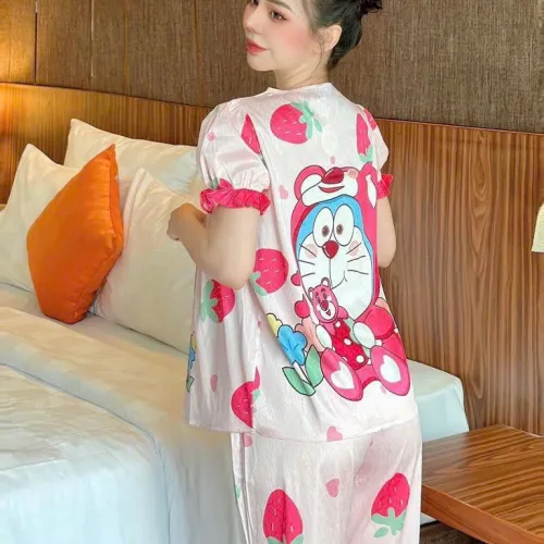 Đồ bộ quần dài áo tay ngắn cổ vuông phối ren hoạ tiết