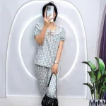 Đồ bộ quần dài áo tay ngắn phồng cổ lá sen caro