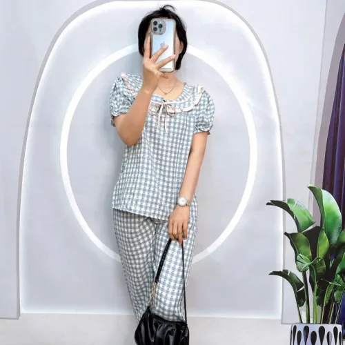 Đồ bộ quần dài áo tay ngắn phồng cổ lá sen caro