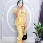 Đồ bộ quần dài áo tay ngắn phồng cổ lá sen caro