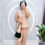 Đồ bộ quần dài áo tay ngắn phồng cổ lá sen caro