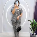 Đồ bộ quần dài áo tay ngắn phồng cổ lá sen caro