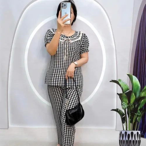 Đồ bộ quần dài áo tay ngắn phồng cổ lá sen caro