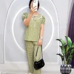 Đồ bộ quần dài áo tay ngắn phồng cổ lá sen caro