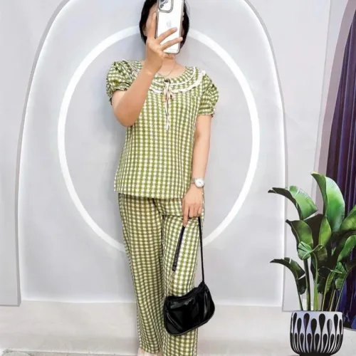 Đồ bộ quần dài áo tay ngắn phồng cổ lá sen caro