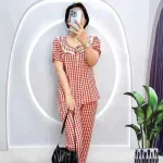 Đồ bộ quần dài áo tay ngắn phồng cổ lá sen caro