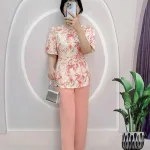 Đồ bộ quần dài áo tay ngắn phồng cổ tròn hoạ tiết