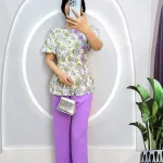 Đồ bộ quần dài áo tay ngắn phồng cổ tròn hoạ tiết