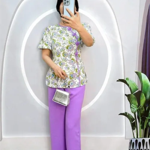 Đồ bộ quần dài áo tay ngắn phồng cổ tròn hoạ tiết