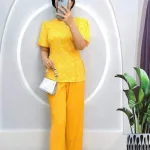 Đồ bộ quần dài áo tay ngắn phồng cổ tròn hoạ tiết